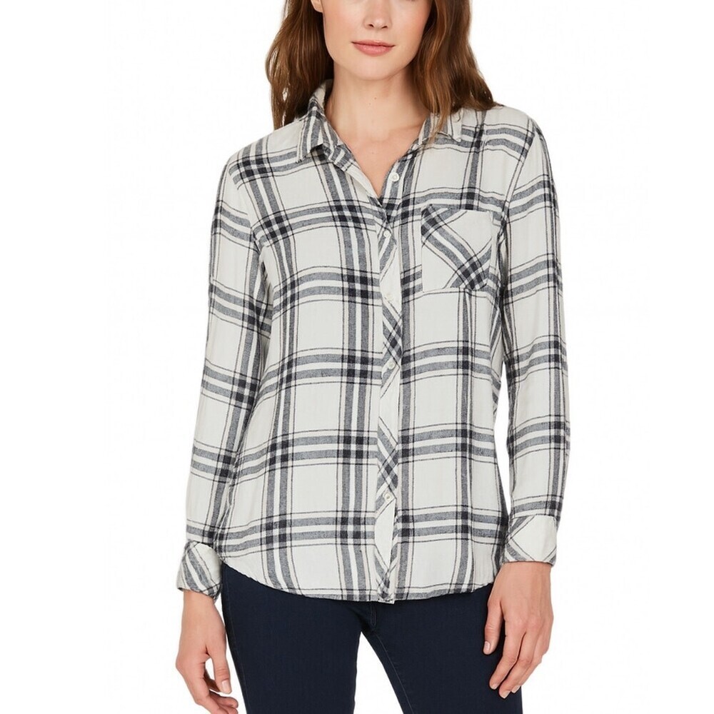 Rails Hunter White Charcoal Blush Plaid Rayon Button down shirt SZ MD